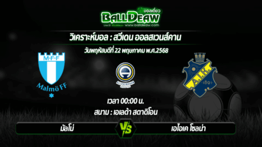 วิเคราะห์บอล สวีเดน ออลสเวนส์คาน : มัลโม่ -vs- เอไอเค โซลน่า ( 22 พ.ค. 68 )
