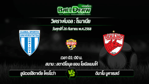 วิเคราะห์บอล โรมาเนีย : ยูนิเวอร์ซิตาเตีย ไครโอว่า -vs- ดินาโม บูคาเรสต์ ( 26 ก.ย. 68 )